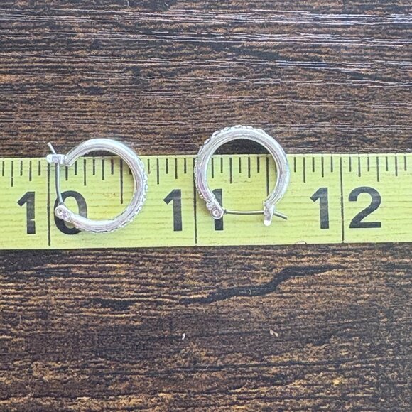 Silver Plated Small Cubic Zirconia Hoop Earrings Hinged Posts Sz 2/3" Diameter - Picture 8 of 9